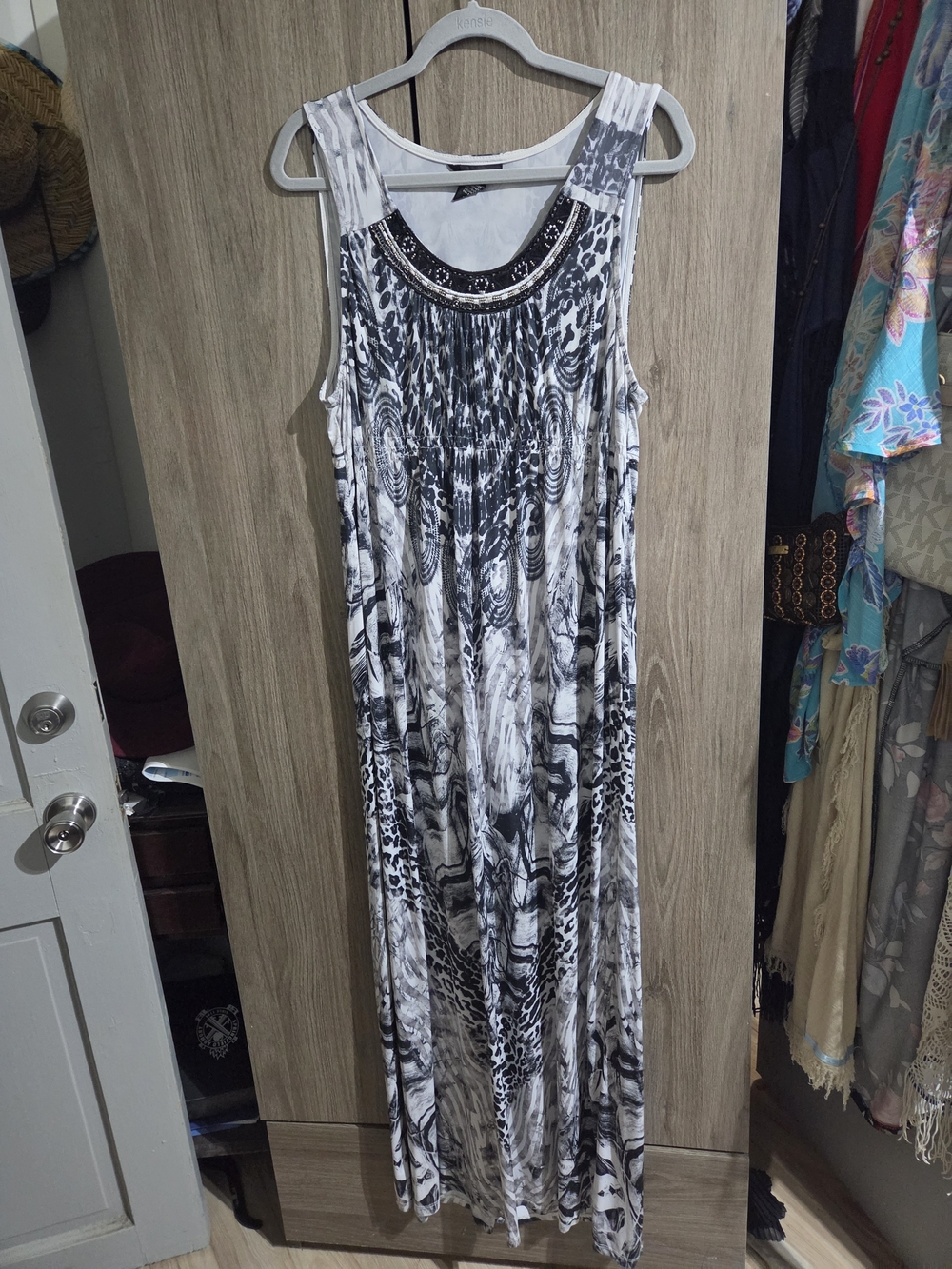 Style & Co. Black and White Printed Maxi Dress with Beaded Neckline